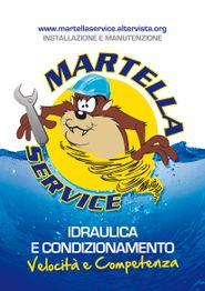 Cartone animato con chiave inglese, logo Martella Service, idraulica e condizionamento.