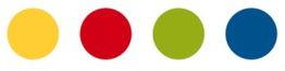 Vier Kreise in Gelb, Rot, Grün, und Blau nebeneinander auf weißem Hintergrund.