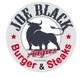 Logo mit Stier-Silhouette, Text: Joe Black Angus Burger & Steaks. Roter und schwarzer Schriftzug.