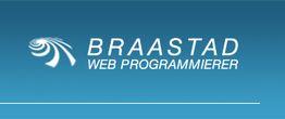 Logo mit Spiralmuster und Text: "BRAASTAD WEB PROGRAMMIERER" auf blauem Hintergrund.