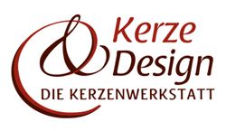 Logo mit Schriftzug "Kerze & Design, Die Kerzenwerkstatt" in rot.
