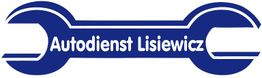 Blauer Schraubenschlüssel mit weißem Text: "Autodienst Lisiewicz" auf weißem Hintergrund.