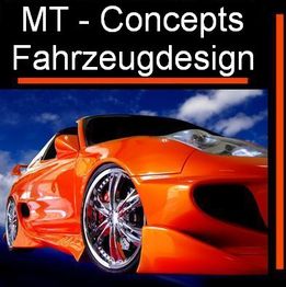 Roter Sportwagen vor blauem Himmel mit Schriftzug "MT - Concepts Fahrzeugdesign".