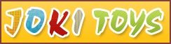 Textlogo "JOKI TOYS" auf gelbem Hintergrund in bunten Buchstaben.