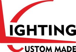 Logo con texto "Lighting Custom Made" en rojo y negro, con diseño curvado encima y debajo.