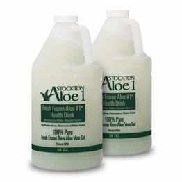 Two bottles of Stockton Aloe 1, Fresh Frozen Aloe Vera Gel, 58 oz each, with green labels.