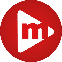 Rotes Logo mit weißem "m" und einem rechts zeigenden Dreieck in einem roten Kreis.