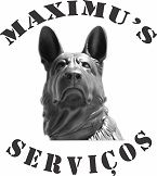 Estátua de cachorro com texto "Maximu's Serviços" em arco lateral, formato circular.