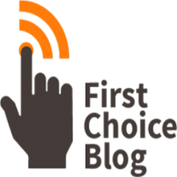 Hand pointing to orange Wi-Fi waves, text: "First Choice Blog".