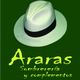 Sombrero blanco con cinta negra sobre fondo verde, texto: "Araras Sombrerería y complementos".