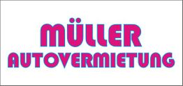 Müller Autovermietung: Logo in pink-blauer Schrift auf weißem Hintergrund.