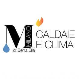 Logo con testo "Milano Caldaie e Clima di Berra Elia" e icone di goccia e fiamma.