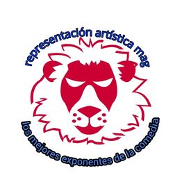 León rojo en el centro con texto azul curvo: "representación artística mag, comedia".