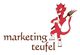 Ein roter Teufel mit einer Heugabel steht neben dem Text "Marketing Teufel".