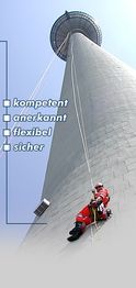 Arbeiter in rotem Anzug klettert am Turm, daneben Text: kompetent, anerkannt, flexibel, sicher.