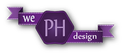 Lila Logo mit der Aufschrift "we PH design" auf einem sechseckigen Abzeichen mit Bändern.