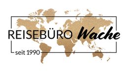 Reisebüro Wache Logo: Weltkarte in Gold mit Schriftzug und "seit 1990" darunter.