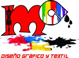 Texto en colores vivos: "Diseño gráfico y textil" con manchas de pintura negra y colorida.