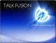 Abstraktes Logo mit Lichtblume und Text "Talk Fusion" auf blauem Hintergrund.