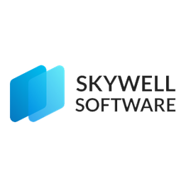 Logo van Skywell Software met blauwe grafische vormen.