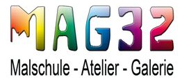 Logo mit buntem "MAG32". Text darunter: "Malschule - Atelier - Galerie".
