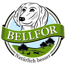 Logo mit Hundekopf, grünem Banner "BELLFOR", darunter "Natürlich besser" und Landschaftsszene.