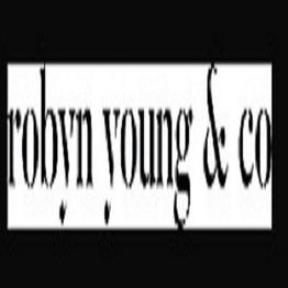 "Black text 'robyn young & co' on a white rectangular background with black borders."