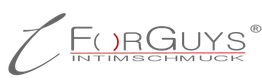 Logo mit Schriftzug "ForGuys Intimschmuck" auf weißem Hintergrund, betontes "o" in Rot.