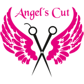 Rosa Engelsflügel, gekreuzte Scheren in der Mitte, Text "Angel's Cut" oben.