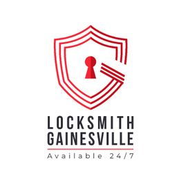 Locksmith Gainesville logo with a red shield and keyhole, available 24/7.