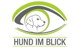 Auge mit Hundeskizze und Text: "Hund im Blick" in grüner Farbe.