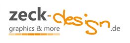 Logo von zeck-design.de in Grau und Orange mit dem Text "graphics & more".