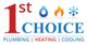 Logo for 1st Choice: Plumbing, Heating, Cooling with icons of water, fire, and snowflake.