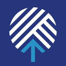 Logotipo com linhas brancas formando um círculo e seta azul apontando para cima. Fundo azul.