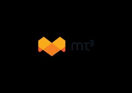 Orange geometric heart logo with "mt³" text on black background.