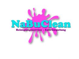 Logo mit türkisfarbenem Text "NaBuClean", lila Spritzer und Text "Reinigungsservice, Entrümpelung".