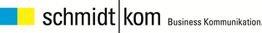 Logo mit Schriftzug "schmidtkom Business Kommunikation" und gelb-blauem Quadrat links.