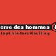 Logo van Terre des Hommes met tekst "stopt kinderuitbuiting" op rode achtergrond.