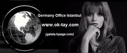 Schwarz-Weiß-Bild einer Frau neben einer Weltkugel mit URL "www.ok-tay.com" und Text "Germany Office Istanbul".