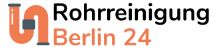 Logo mit kleinem Rohrsymbol und Text "Rohrreinigung Berlin 24" in Orange und Schwarz.