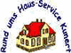 Illustration eines Hauses mit rotem Dach, umgeben von dem Text "Rund ums Haus-Service Kummer".