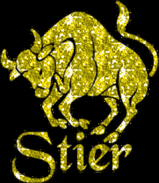 Goldener, glitzernder Stier mit Schriftzug "Stier" auf schwarzem Hintergrund.