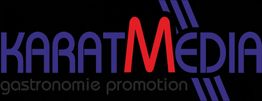 Logo mit Schriftzug "KaratMedia" in Blau und Rot, darunter "gastronomie promotion" in Grau.