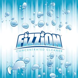 "Fizzion Cleaner logo on a blue background with bubbles surrounding it."