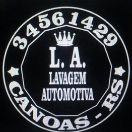 Logotipo da L.A. Lavagem Automotiva com coroa e número de telefone em Canoas, RS.