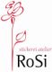 Zeichnung einer stilisierten roten Rose, Text: "stickerei atelier RoSi".