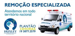 Ambulância branca com logotipo da Huxley, serviço 24 horas em todo território nacional.