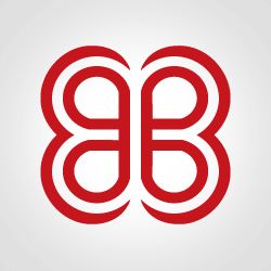 Logotipo simétrico em vermelho com formas interligadas que lembram a letra "B" no centro.