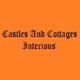 Orange background with black Gothic text: "Castles And Cottages Interious".