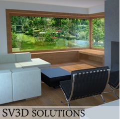 Modernes Wohnzimmer mit großen Fenstern und Blick auf den Garten.
